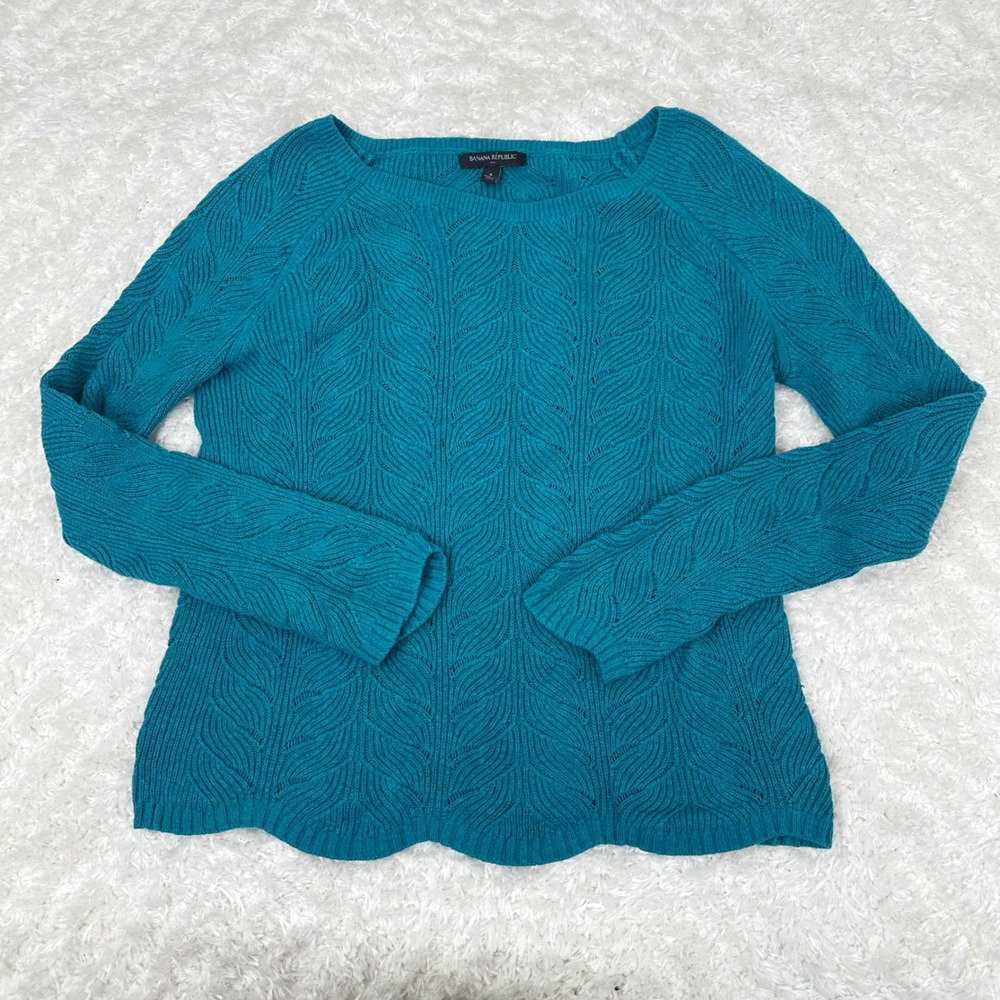 Banana Republic Women's S Small Teal Cotton Wool Blend Scallop Hem Knit Sweater